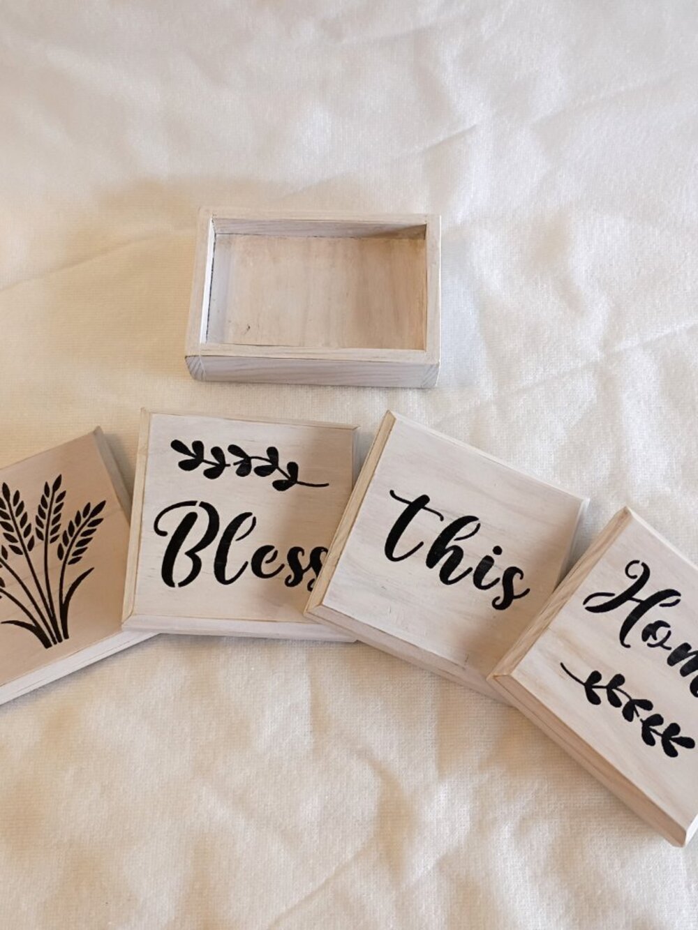 Set of 4 Farmhouse Rustic Wooden Coasters with Holder - 4.5" Bless This Home - Picture 3 of 9